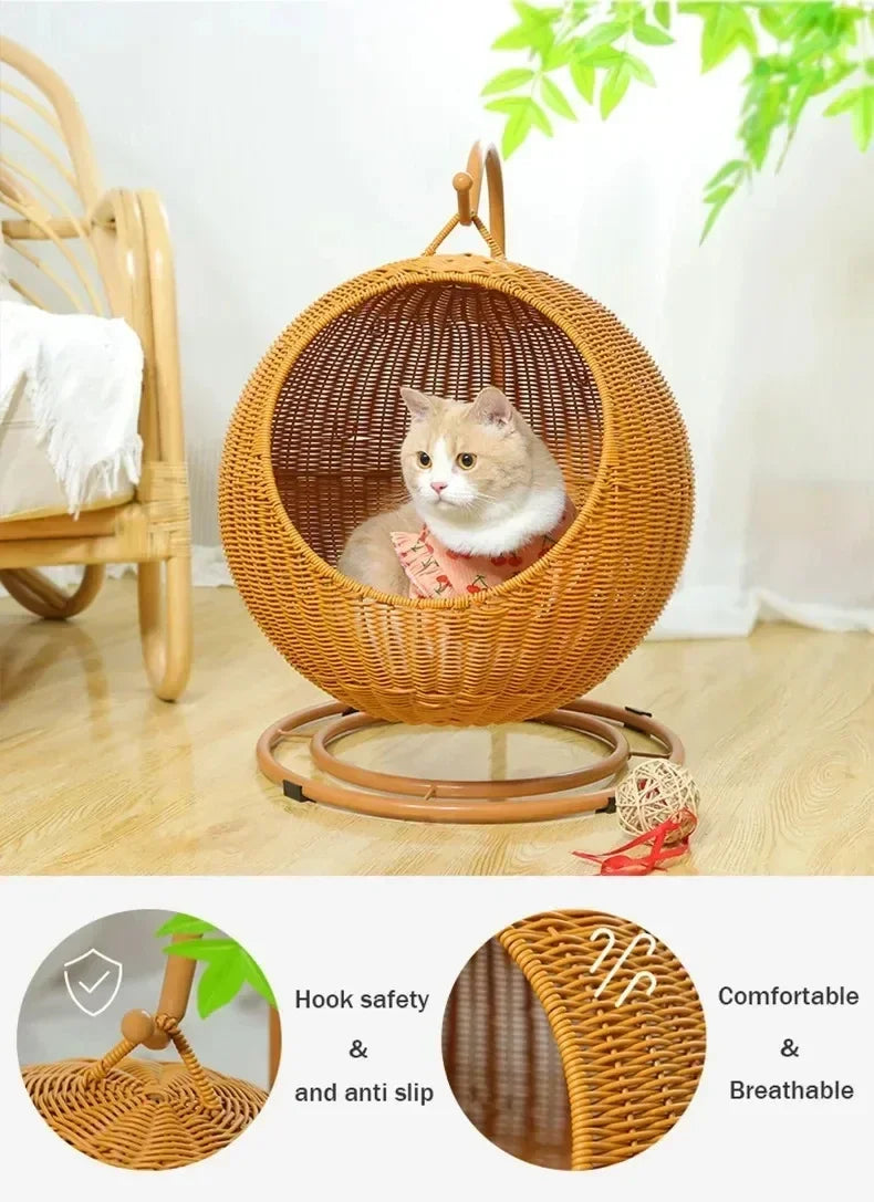 Internet celebrity semi-enclosed pet hammock cat nest cat cage round cat hanging bed basket rattan summerhammock