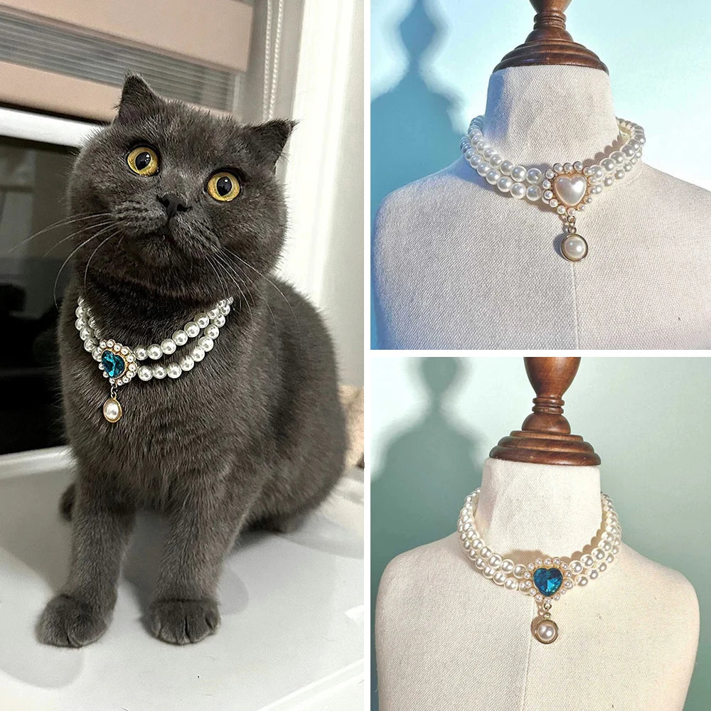 Adjustable Dog Cat Pearl Necklace Jewelry Diamond Pendant Fashion Luxury Pet Collar Wedding Birthday Prom Costume Accessories