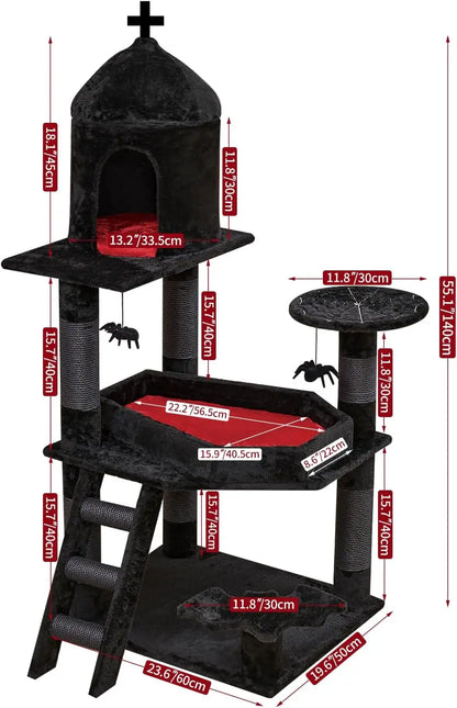 Gothic Cat Tree with Coffin Bed，55" Cat Tower with Spacious Cat Condo，Scratching Posts，Spider Hanging Ball