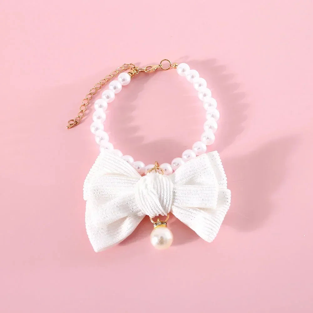 Cat Pearl Collar Necklace with Bow Pendant Cute Jewelry Puppy Dog Collar Adjustable Cat Wedding Necklace Pet Costume Accessories