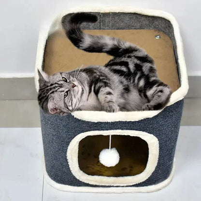 3-tiers Cat Bed Pet House Covered Cave with soft mat Large Hideaway Cat Tent with Fluffy Ball Hanging Accessories