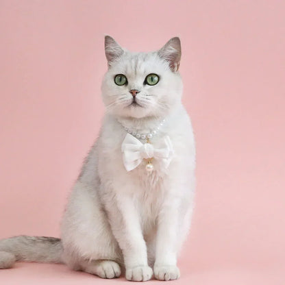 Cat Pearl Collar Necklace with Bow Pendant Cute Jewelry Puppy Dog Collar Adjustable Cat Wedding Necklace Pet Costume Accessories