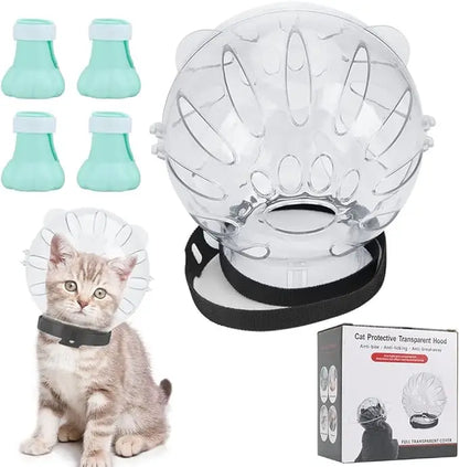 TONG Cat Muzzle with 4Pcs Paw Cover Grooming Anti Bite Breathable Protective Space Hood Cats Helmet Mask Adjustable Strap