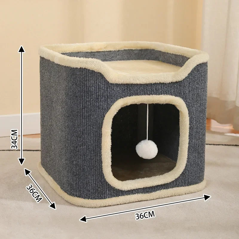 3-tiers Cat Bed Pet House Covered Cave with soft mat Large Hideaway Cat Tent with Fluffy Ball Hanging Accessories