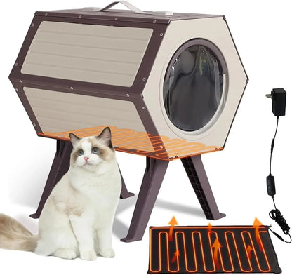 Outdoor Heated Cat House, Heater Insulated Feral Cat Shelter with Adjustable Temperature and Time Cat House with Escape Door