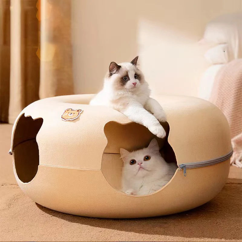 Cat Tunnel Bed for Cats Peekaboo Cat Cave Dual-Opening Cat Cave for Medium Large Cats Scratchable Donut Cat Bed Cat Donut Tunnel