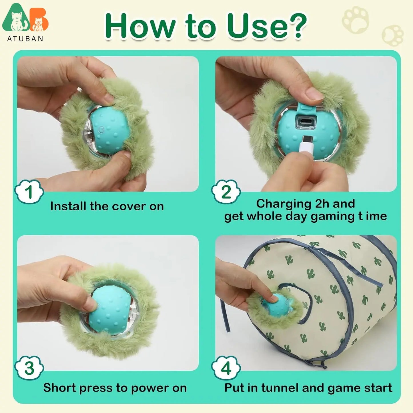 ATUBAN Cat Toys for Indoor Cats, Electric Cat Ball Fast Rolling in Pouch,Motion Activated Chirping Cat Toy,Hide and Seek Cat Toy