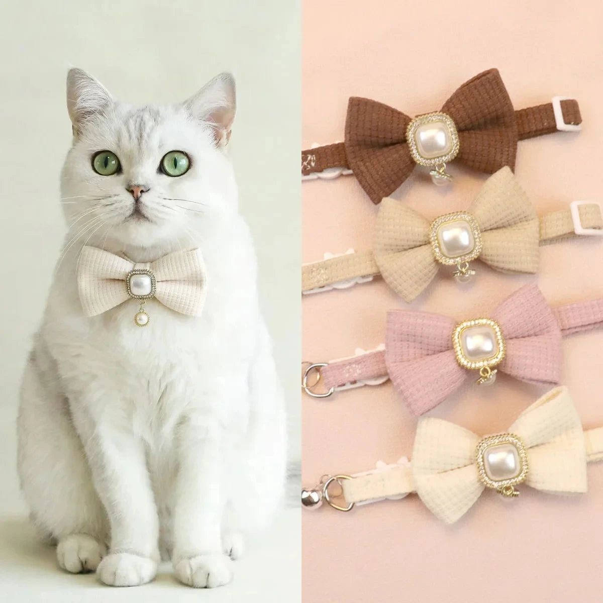 2024 New 20-35cm Adjustable Waffle Cat Collar Vintage Pearl Pendant Pet Collar Cute Bow Bell Small Dog Collar