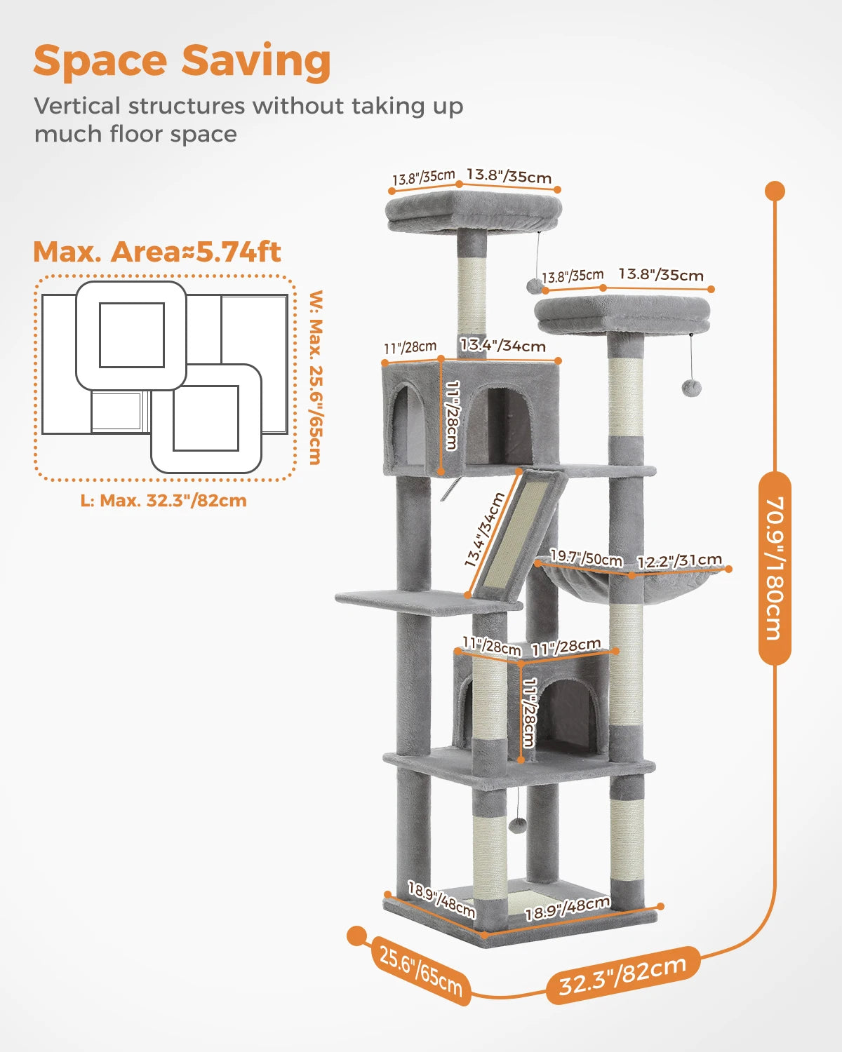 H180CM Large Cat Tree for Indoor Tall Tower for Cat Multi-Level Plush with Natural Sisal Scratching Post Condos Perches Hammock