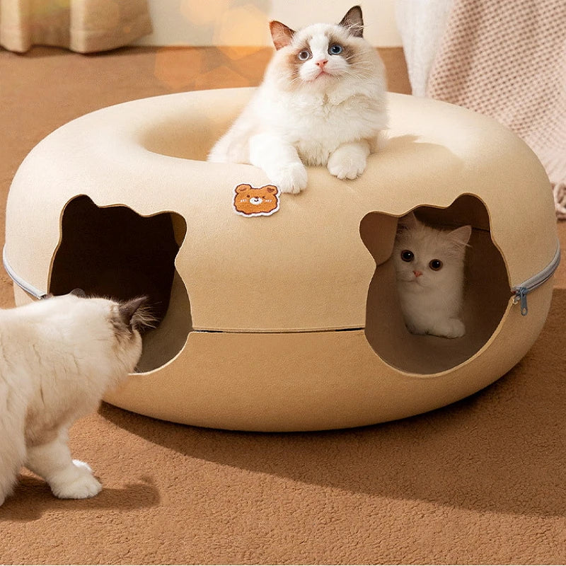 Cat Tunnel Bed for Cats Peekaboo Cat Cave Dual-Opening Cat Cave for Medium Large Cats Scratchable Donut Cat Bed Cat Donut Tunnel