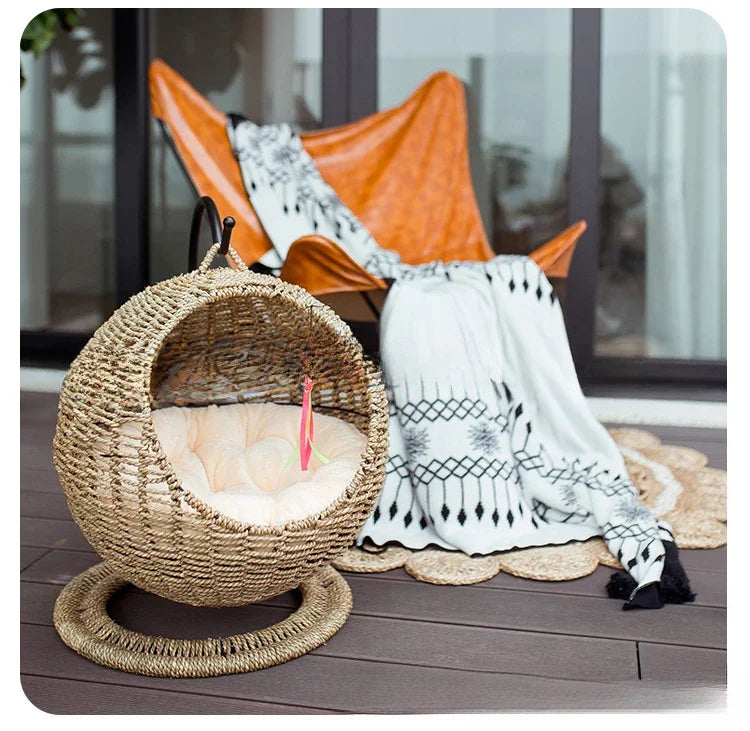 Internet celebrity semi-enclosed pet hammock cat nest cat cage round cat hanging bed basket rattan summerhammock