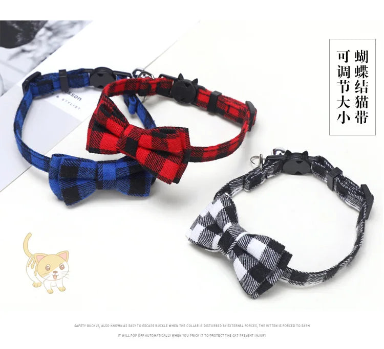 Pet Breakaway Kitten Cat Collar Bow Tie with Bell Cute Plaid Christmas Red Adjustable Dog Collar for Cats Kitten Accessories