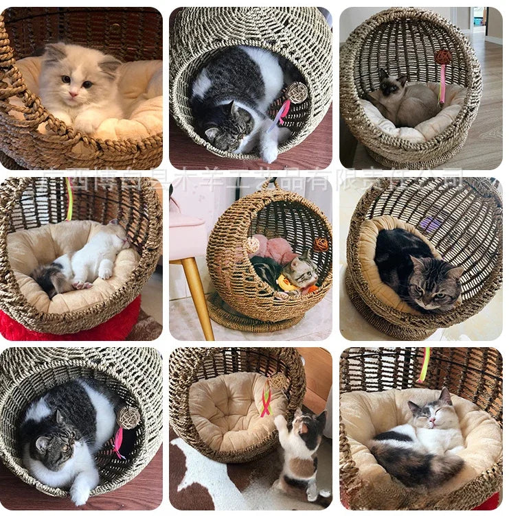 Internet celebrity semi-enclosed pet hammock cat nest cat cage round cat hanging bed basket rattan summerhammock