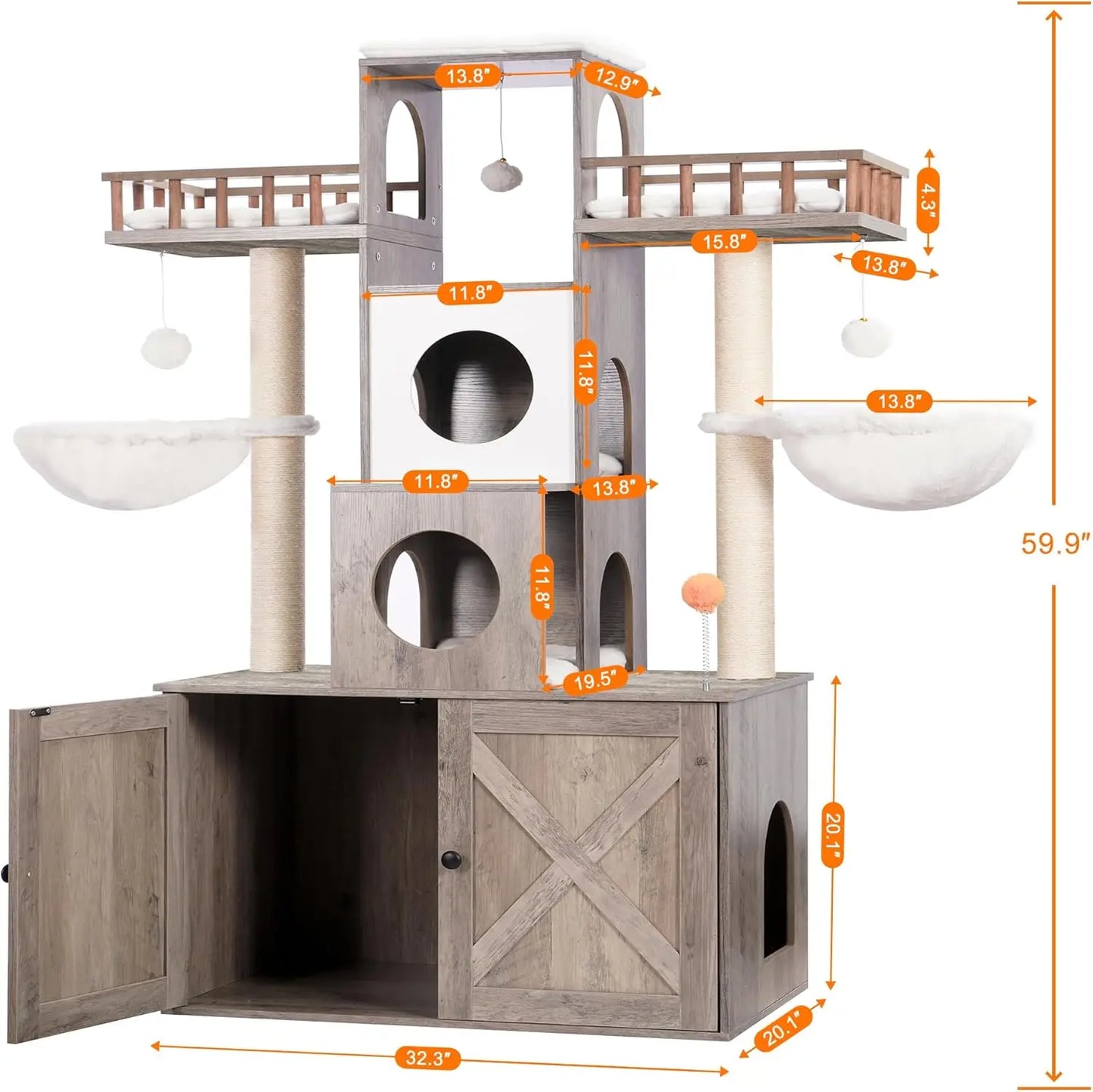 Cat Tree with Litter Box Enclosure for Indoor Big Cat, Cat Tower for Large Cats 20 lbs Heavy Duty, Modern Cat Condo Furniture