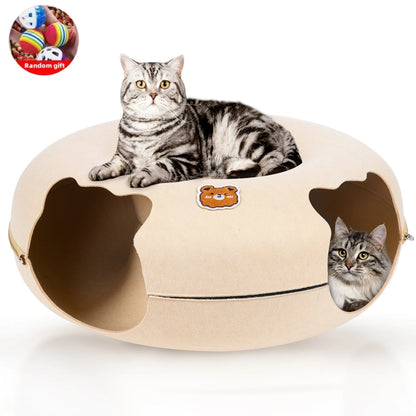 Cat Tunnel Bed for Cats Peekaboo Cat Cave Dual-Opening Cat Cave for Medium Large Cats Scratchable Donut Cat Bed Cat Donut Tunnel