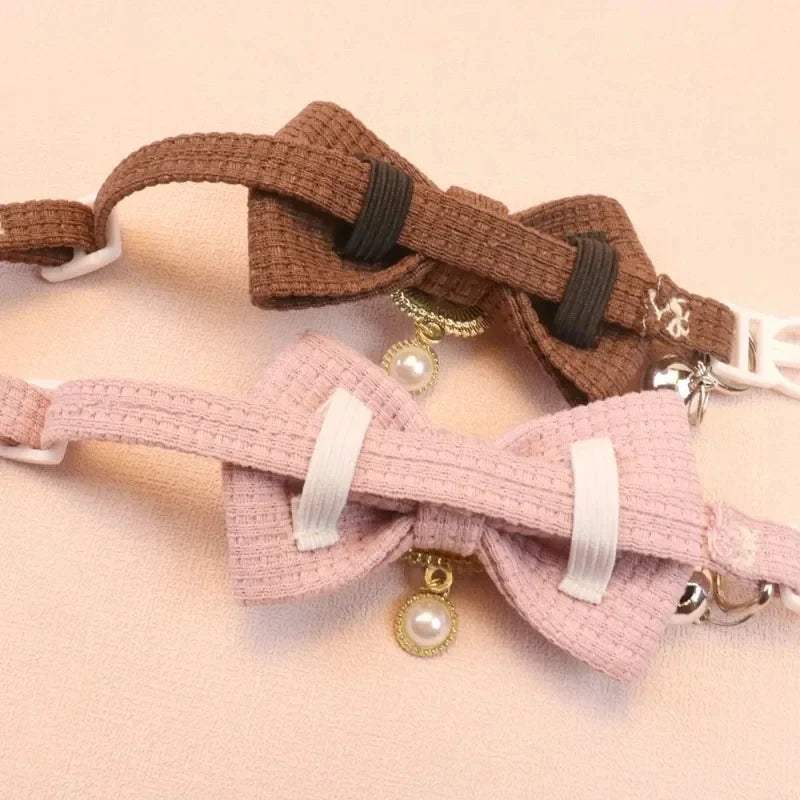 2024 New 20-35cm Adjustable Waffle Cat Collar Vintage Pearl Pendant Pet Collar Cute Bow Bell Small Dog Collar