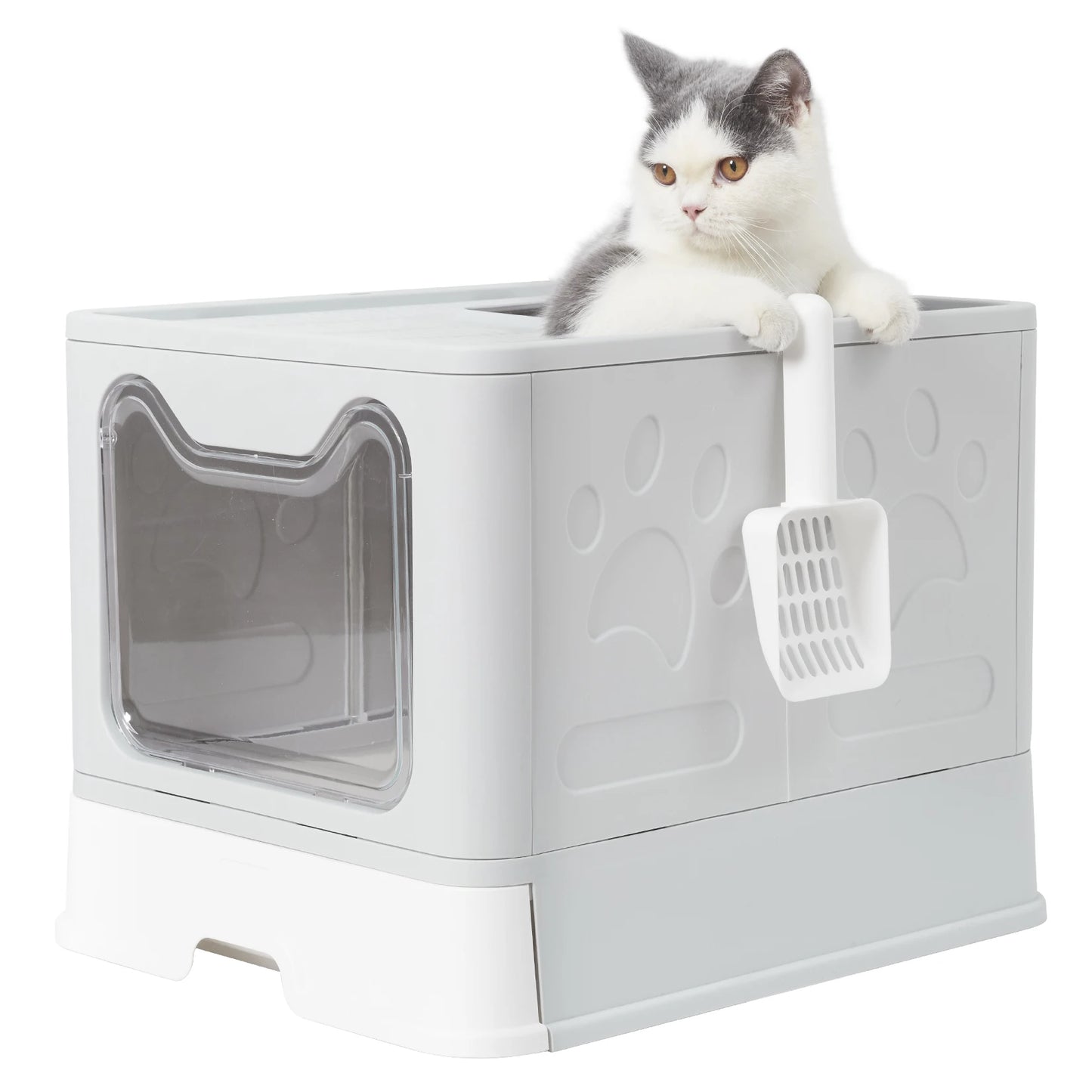 Front Entry Top Exit Cat Litter Tray Box with Scoop and Drawer Foldable Hooded Kitty Pet Toilet Extra Large