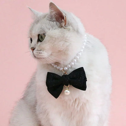 Cat Pearl Collar Necklace with Bow Pendant Cute Jewelry Puppy Dog Collar Adjustable Cat Wedding Necklace Pet Costume Accessories