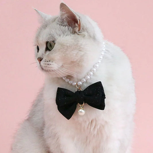 Cat Pearl Collar Necklace with Bow Pendant Cute Jewelry Puppy Dog Collar Adjustable Cat Wedding Necklace Pet Costume Accessories