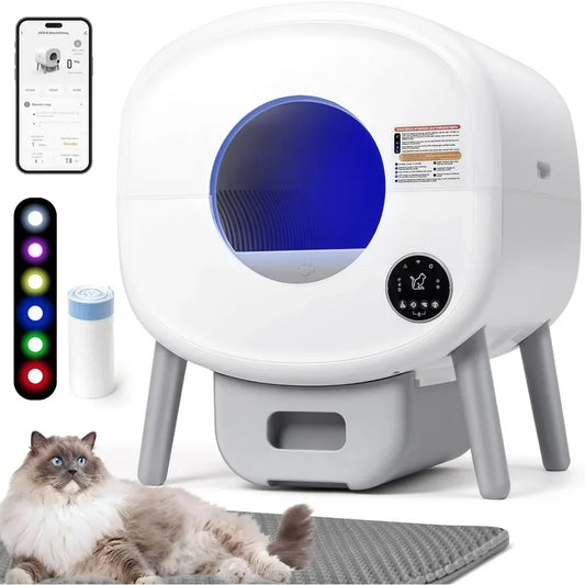 Self Cleaning Cats Litter Box with Mat, Odor-Free Waste Disposal and App Control Ambient Light, White Automatic Cat Litter Box