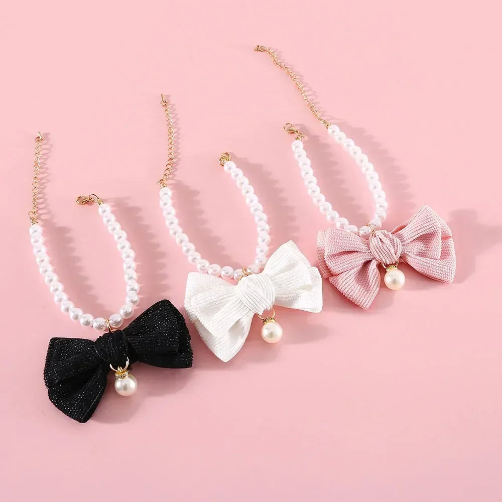 Cat Pearl Collar Necklace with Bow Pendant Cute Jewelry Puppy Dog Collar Adjustable Cat Wedding Necklace Pet Costume Accessories