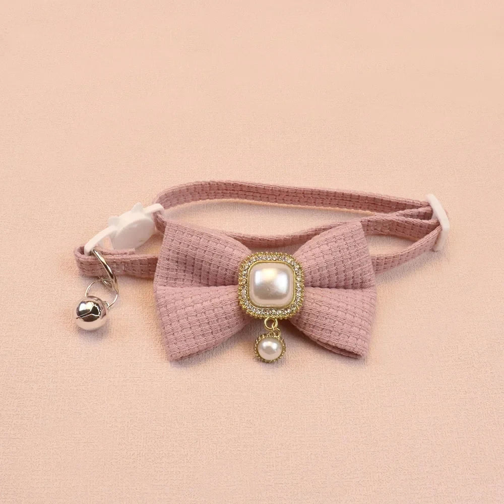 2024 New 20-35cm Adjustable Waffle Cat Collar Vintage Pearl Pendant Pet Collar Cute Bow Bell Small Dog Collar