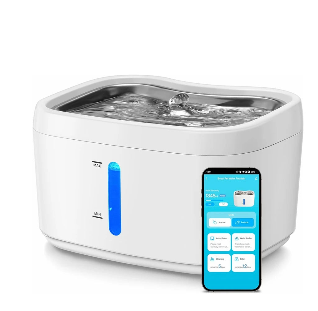 Cat Water Fountain with APP Wireless Connected 84oz/2.5L Automatic Pet Water Fountain with Stainless Steel Tray Weight Sensor