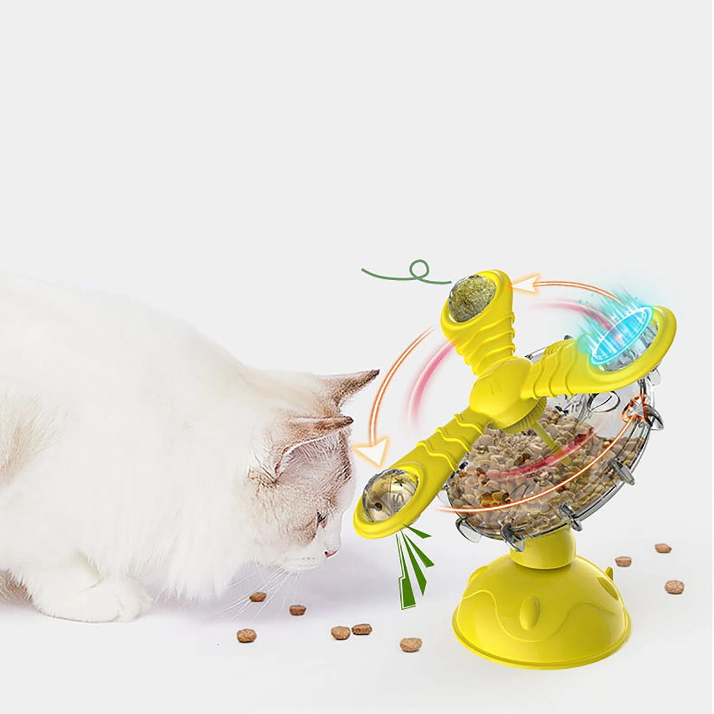 Suction Cup Cat Feeding Toy with Pinwheel ShapeRotating Fan Food Dispenser for Interactive Play While Feeding