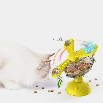 Suction Cup Cat Feeding Toy with Pinwheel ShapeRotating Fan Food Dispenser for Interactive Play While Feeding