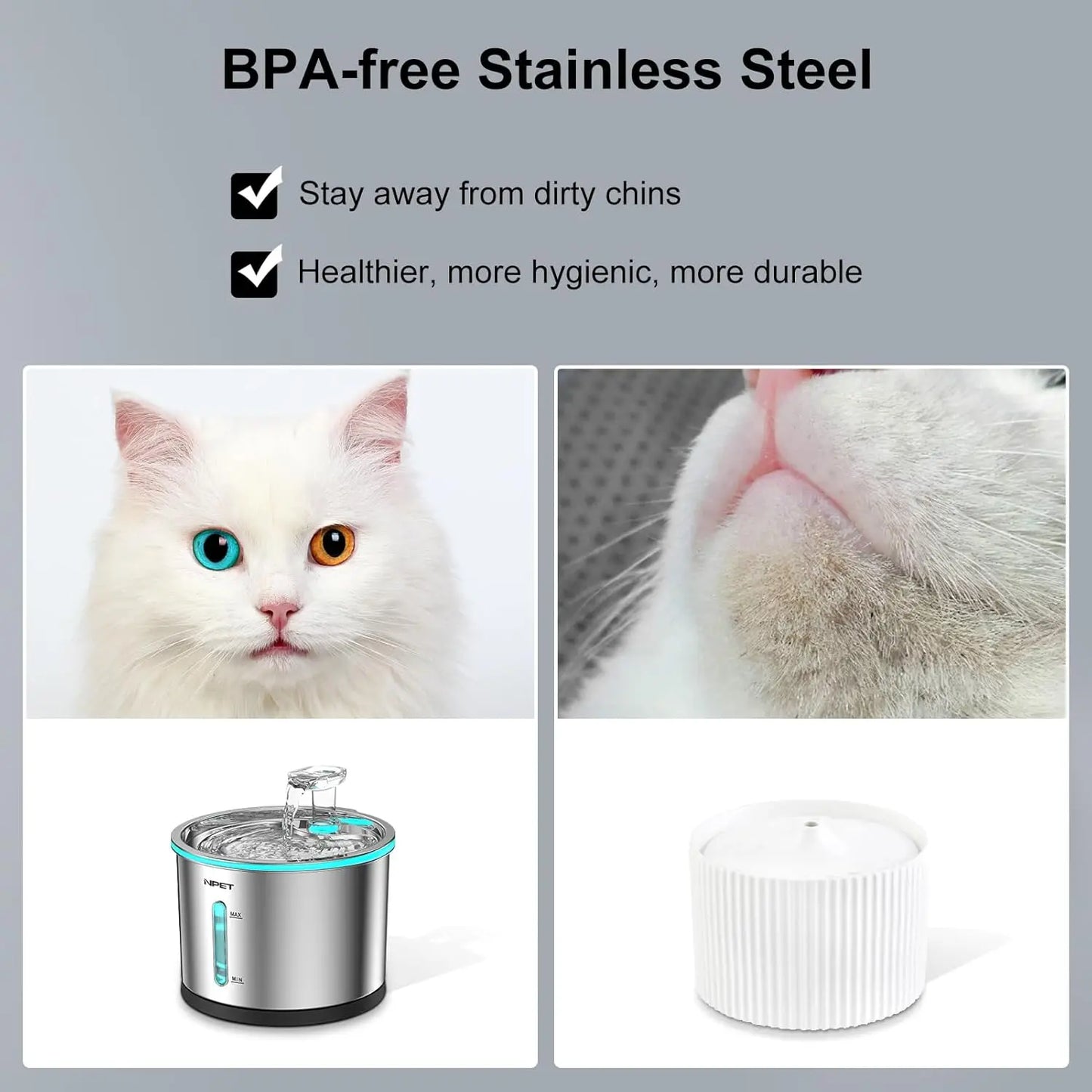 NPET Cat Water Fountain Stainless Steel, 50oz/1.5L Dishwasher Safe Pet Water Fountain with Visible Window Light for Cats