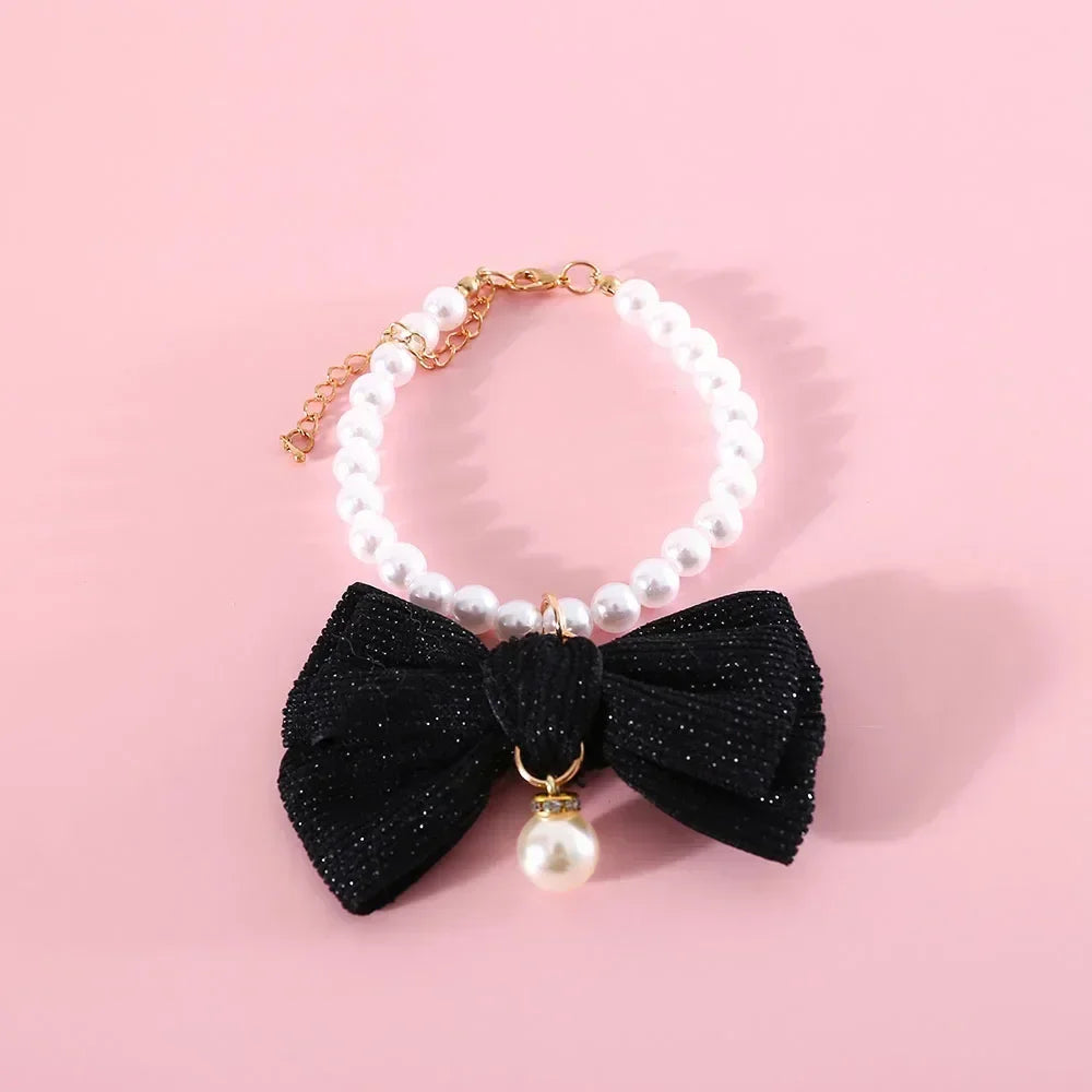 Cat Pearl Collar Necklace with Bow Pendant Cute Jewelry Puppy Dog Collar Adjustable Cat Wedding Necklace Pet Costume Accessories