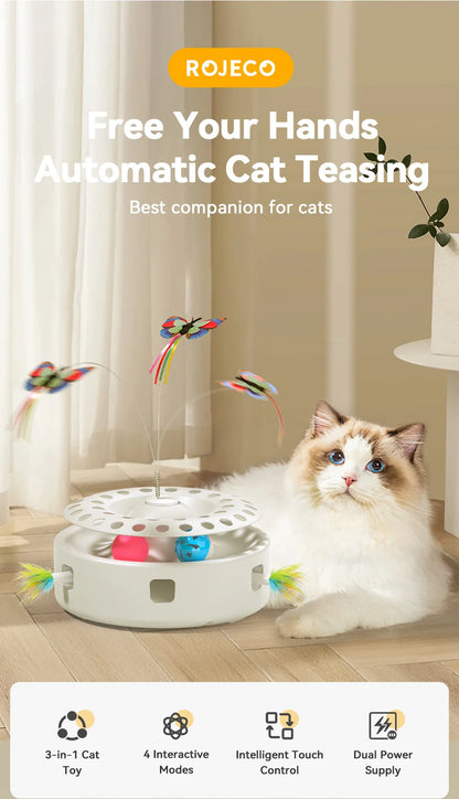 ROJECO Automatic Cat Toy 3 in 1 Track Balls Butterfly Teasing Toy Electric Ambush Feather Interactive Fun Pet Toy Set Cat Supply