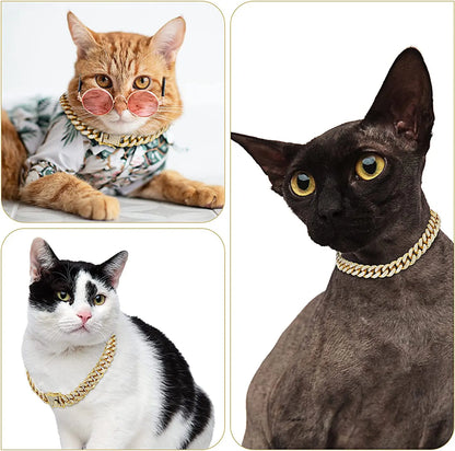 Luxury Gold Cat Necklace Jewelry Rhinestone Pet Cuban Chain Collar Kitten Doggie Wedding Prom Costume Accessories for Cats Puppy