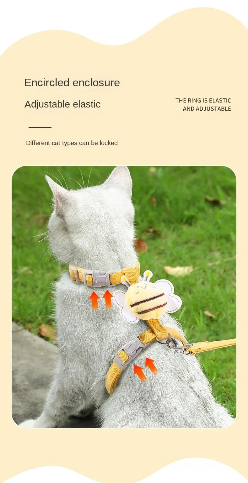 Cat Harness Leash Collar Set Adjustable Cartoon Bee Double Layer Dog Harness for Small Medium Pet Collar Leash Outdoor Walking