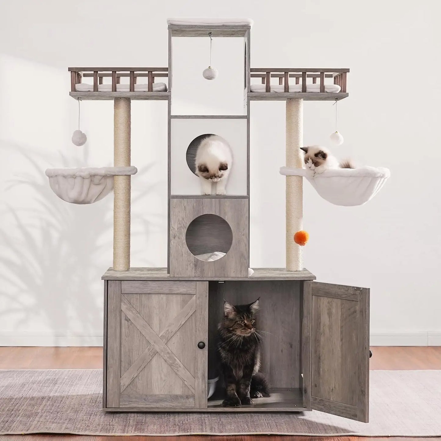 Cat Tree with Litter Box Enclosure for Indoor Big Cat, Cat Tower for Large Cats 20 lbs Heavy Duty, Modern Cat Condo Furniture