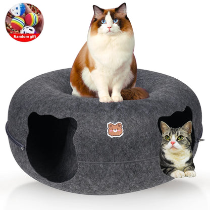 Cat Tunnel Bed for Cats Peekaboo Cat Cave Dual-Opening Cat Cave for Medium Large Cats Scratchable Donut Cat Bed Cat Donut Tunnel