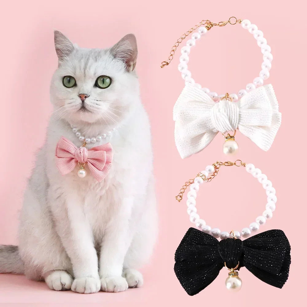 Cat Pearl Collar Necklace with Bow Pendant Cute Jewelry Puppy Dog Collar Adjustable Cat Wedding Necklace Pet Costume Accessories