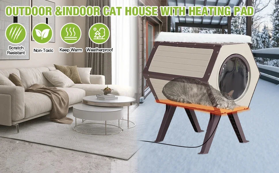 Outdoor Heated Cat House, Heater Insulated Feral Cat Shelter with Adjustable Temperature and Time Cat House with Escape Door