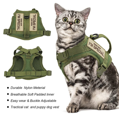 Nylon Cat Harness Vest with 2 Sticker Military Tactical Cats Harness With Handle Cats Small Dogs Pet Training Walking Chihuahua