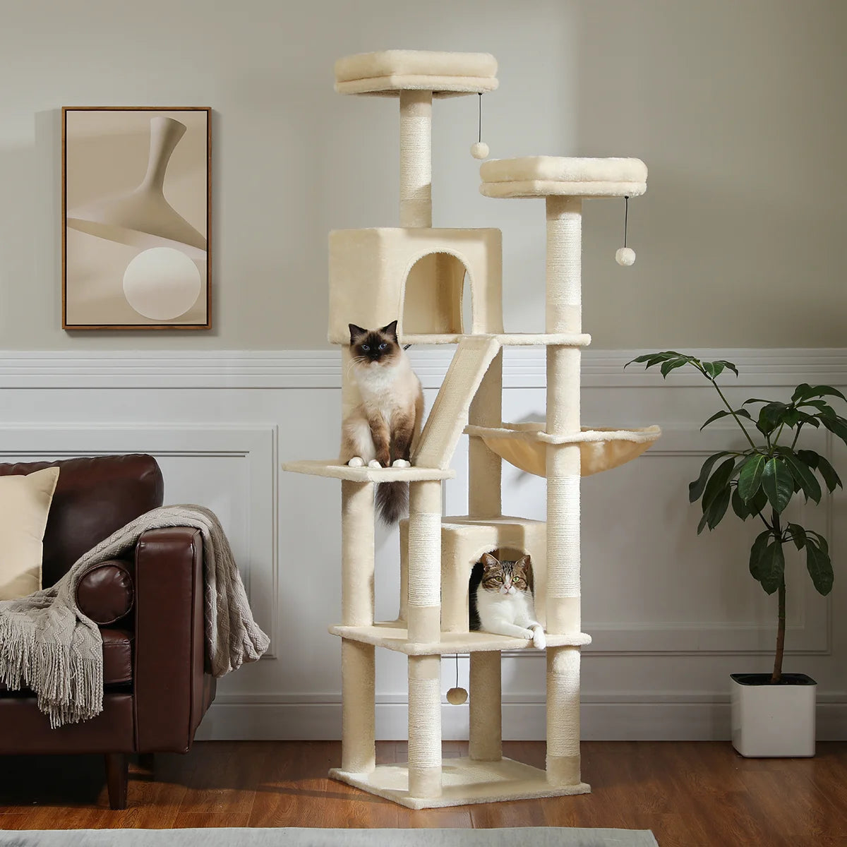 H180CM Large Cat Tree for Indoor Tall Tower for Cat Multi-Level Plush with Natural Sisal Scratching Post Condos Perches Hammock