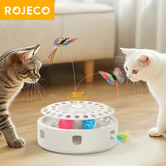 ROJECO Automatic Cat Toy 3 in 1 Track Balls Butterfly Teasing Toy Electric Ambush Feather Interactive Fun Pet Toy Set Cat Supply