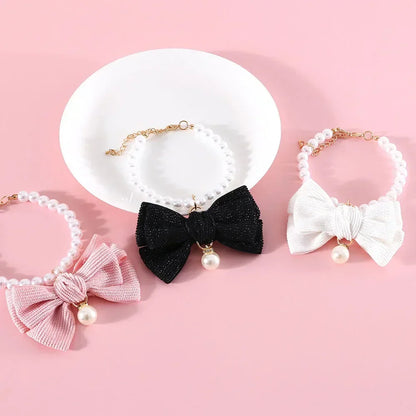 Cat Pearl Collar Necklace with Bow Pendant Cute Jewelry Puppy Dog Collar Adjustable Cat Wedding Necklace Pet Costume Accessories